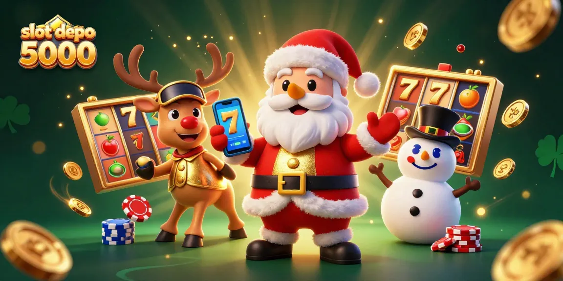 Engage with slot depo 5000 in this vibrant 3D casino scene filled with jackpots and festive characters.