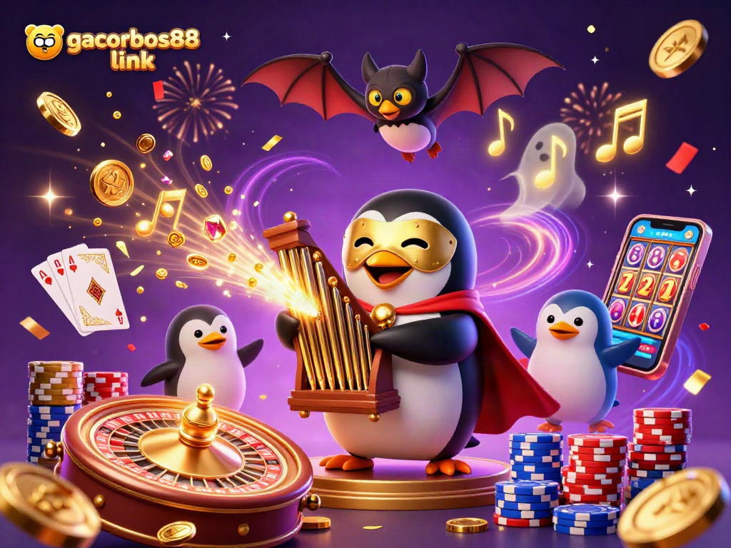 Experience the excitement of gacorbos88 link with a 3D cartoon illustration of a lucky penguin and casino games.