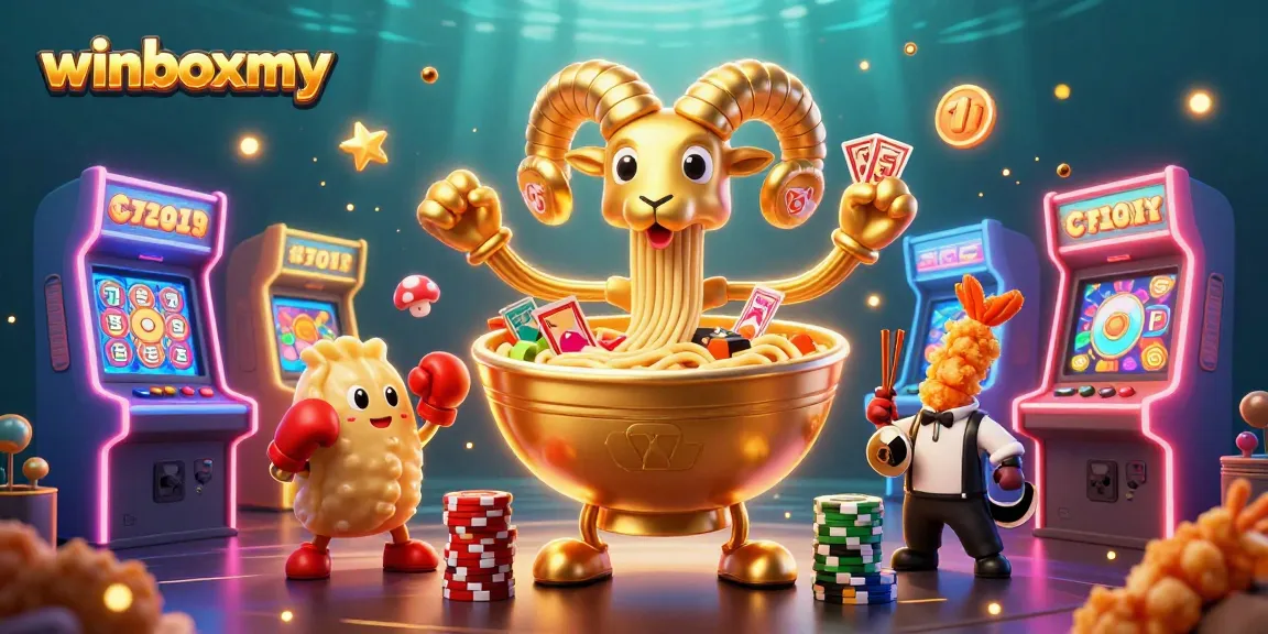 WinboxMY showcases giant characters in a vibrant casino-themed illustration with slots and game elements.