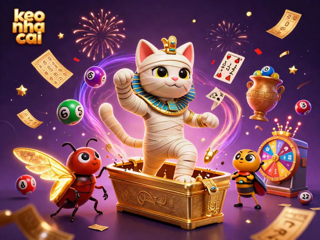 Exciting keo nha cai scene with Egyptian mummy cat and glowing scarab at a vibrant casino.