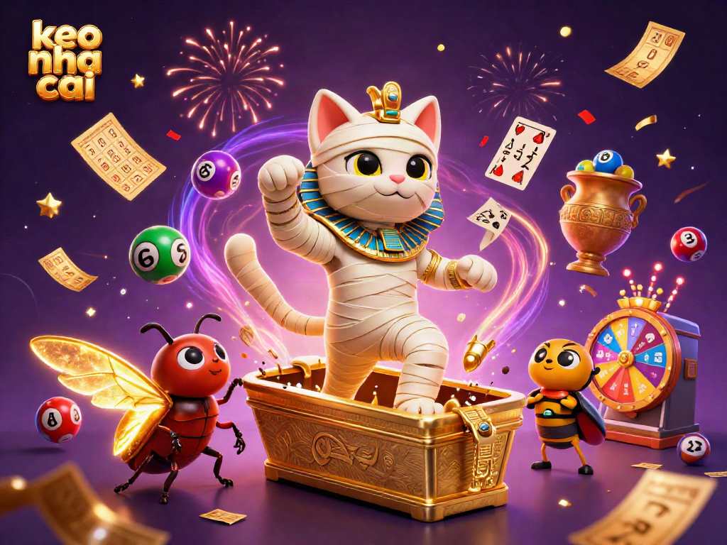 Exciting keo nha cai scene with Egyptian mummy cat and glowing scarab at a vibrant casino.