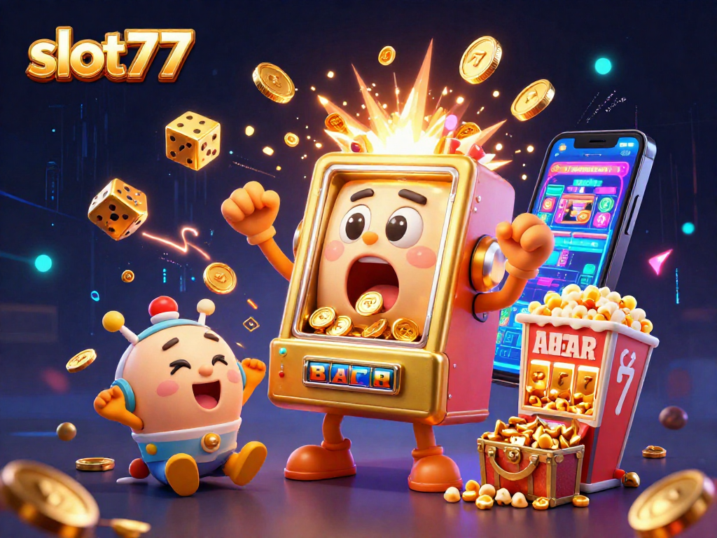 Experience excitement with slot77 as the golden slot machine hits a jackpot surrounded by cheering friends and vibrant symbols.
