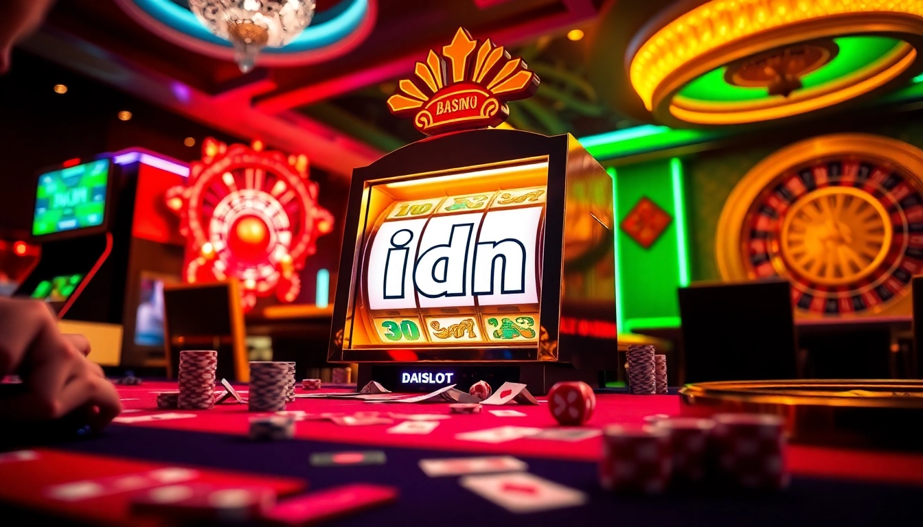 Players engaging with the idn slot machine in a vibrant casino atmosphere.