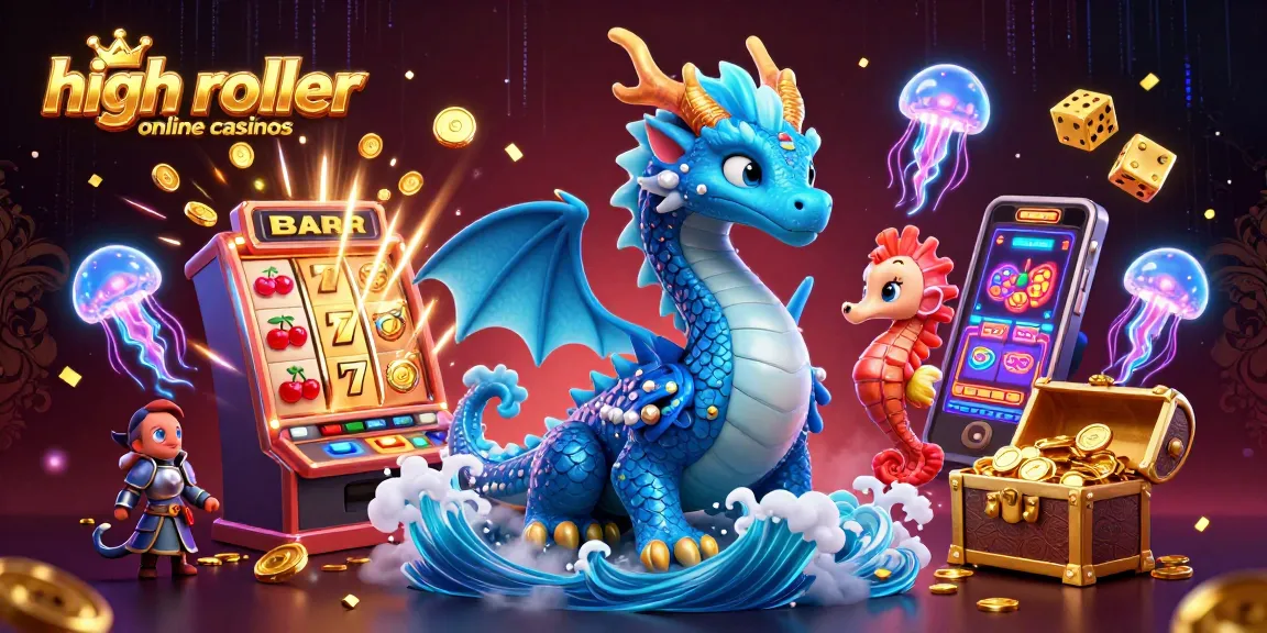 Experience high roller online casinos with a majestic dragon, exciting slot machines, and vibrant neon creatures.