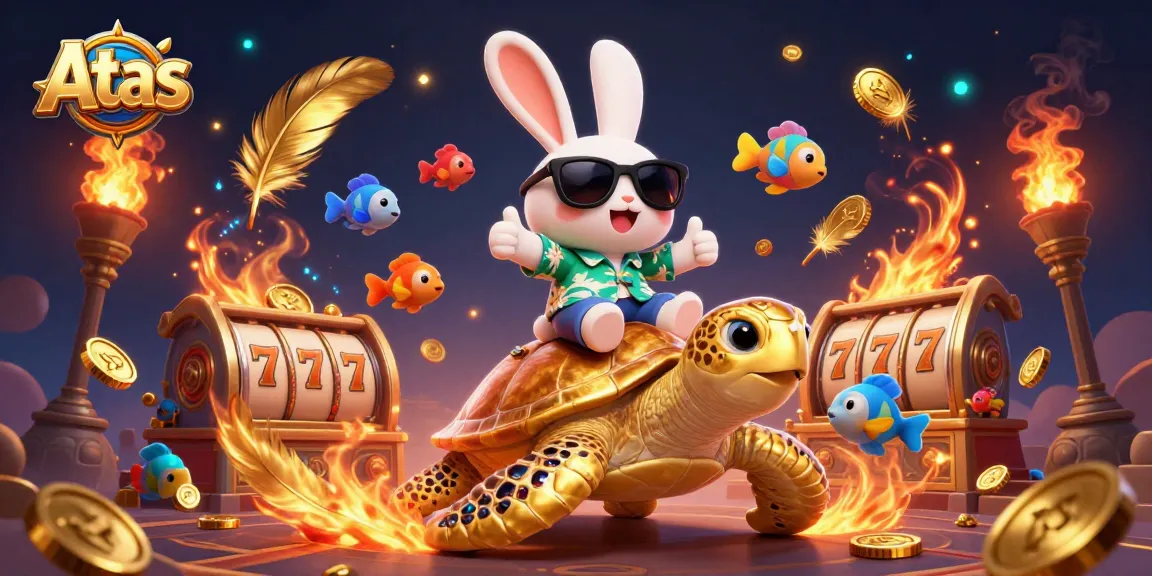 Experience thrilling fun at Atas with a lucky rabbit and golden sea turtle amidst dynamic casino elements.