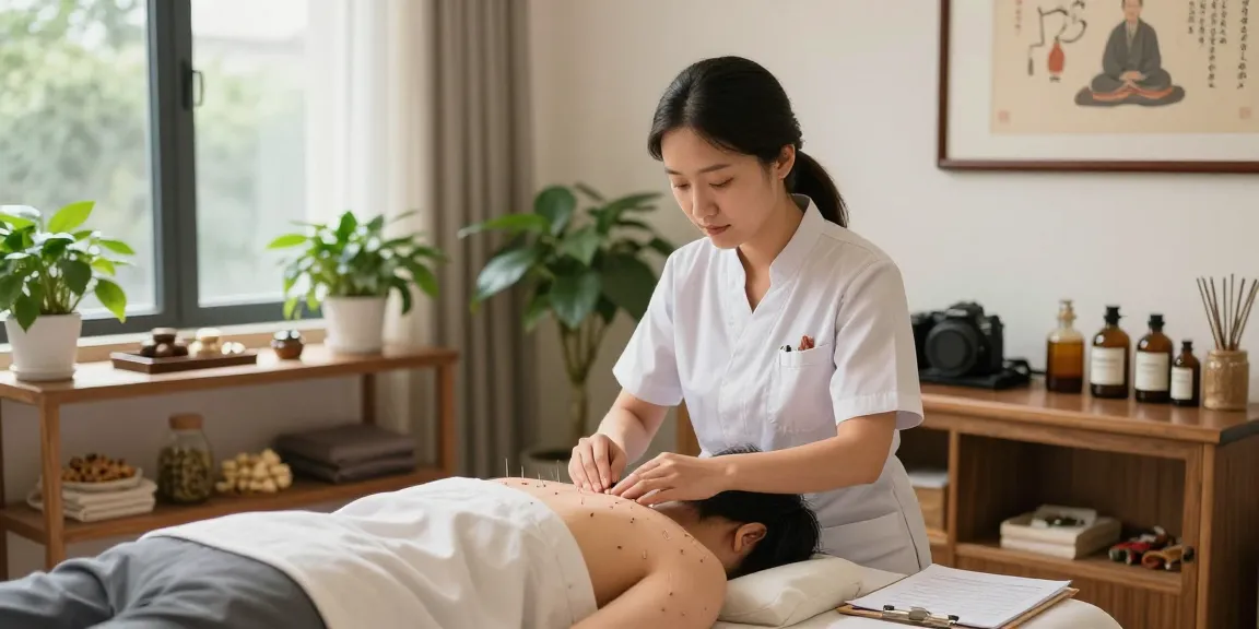 수원교통사고한의원 acupuncture treatment scene in calming clinic with patient and practitioner.