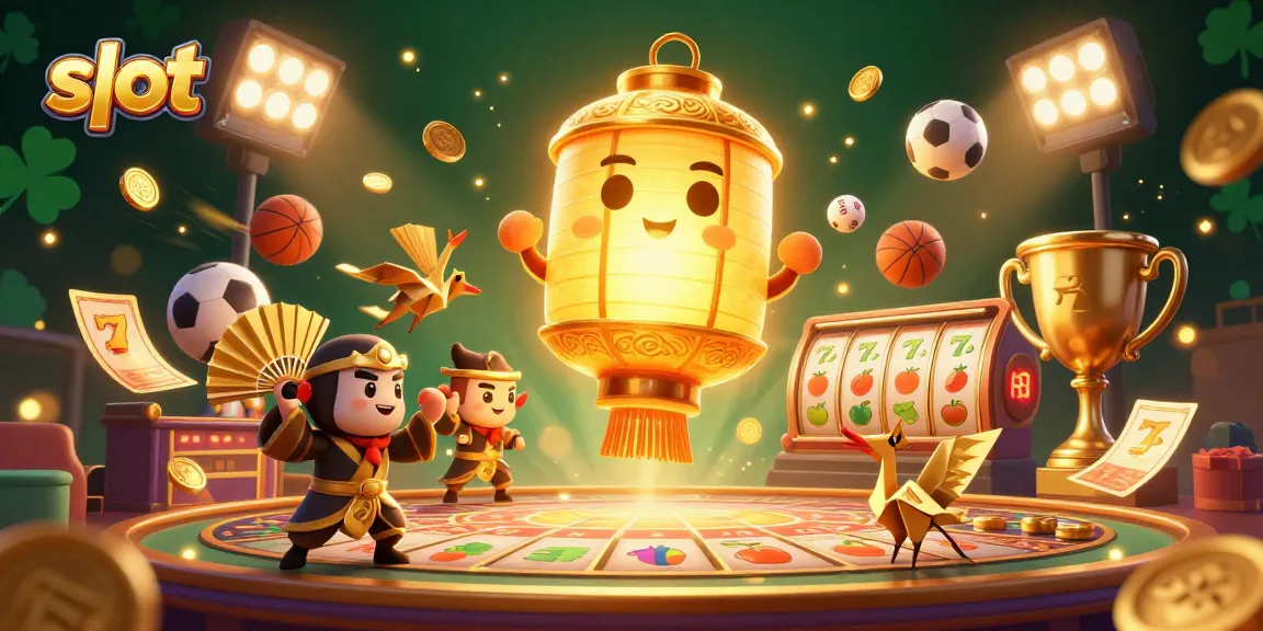 Spin the slot reels in a vibrant casino scene featuring a lantern spirit and golden foil companions.