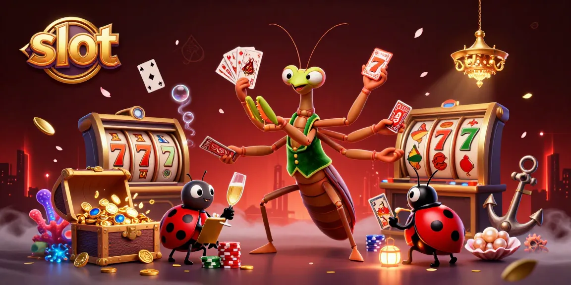 Spin the slot reels and win big in this vibrant casino scene featuring a praying mantis and ladybug characters.