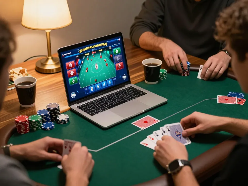 Person playing online poker at 7hh in a cozy home setting, surrounded by snacks and warm lighting.