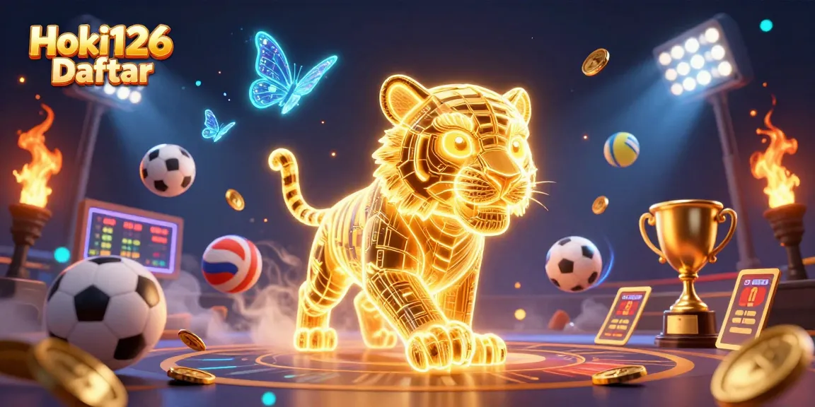 Hoki126 Daftar showcases vibrant casino activities featuring a golden tiger and dynamic sports elements.