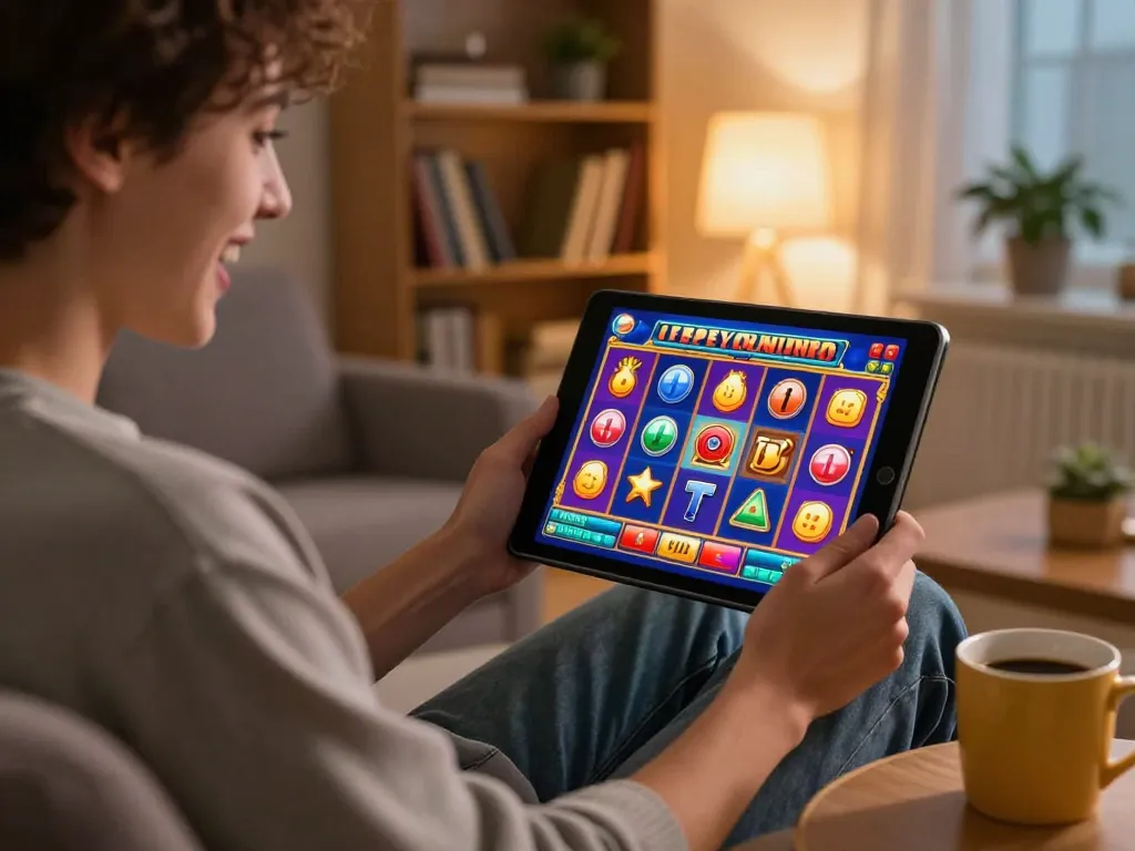 Player enjoying situs slot online on tablet while relaxing at home with warm lighting.