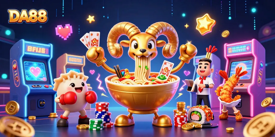 Engage with DA88 casino fun as a giant ramen bowl deals cards with vibrant energy.