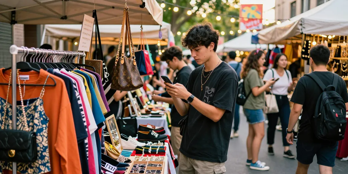 Shopping experience at a 레플리카 쇼핑몰 showcasing stylish replica fashion items in an urban market.
