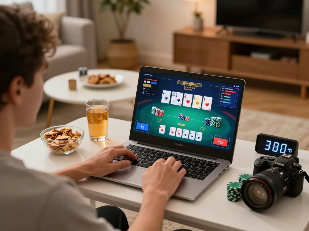 Engaging online poker session at home inspired by https://s8inc.com/, showcasing focused player and gaming interface.