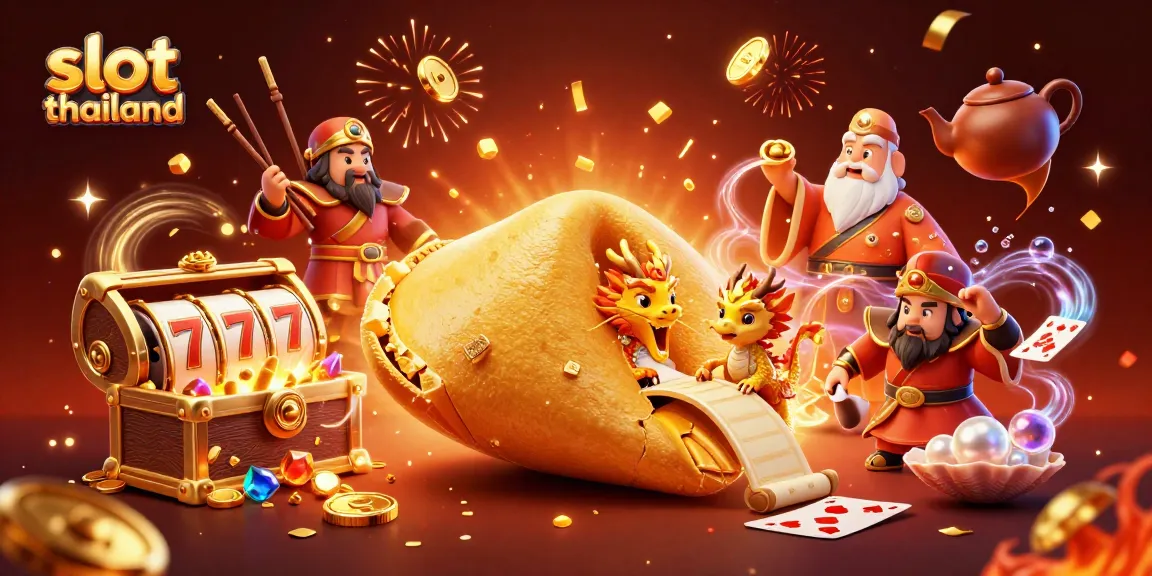 Engage with slot thailand through colorful 3D casino illustration showcasing fortune cookie and dragon.