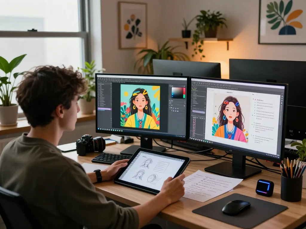 Designer using nano banana 2 in a vibrant tech workspace filled with creative energy.