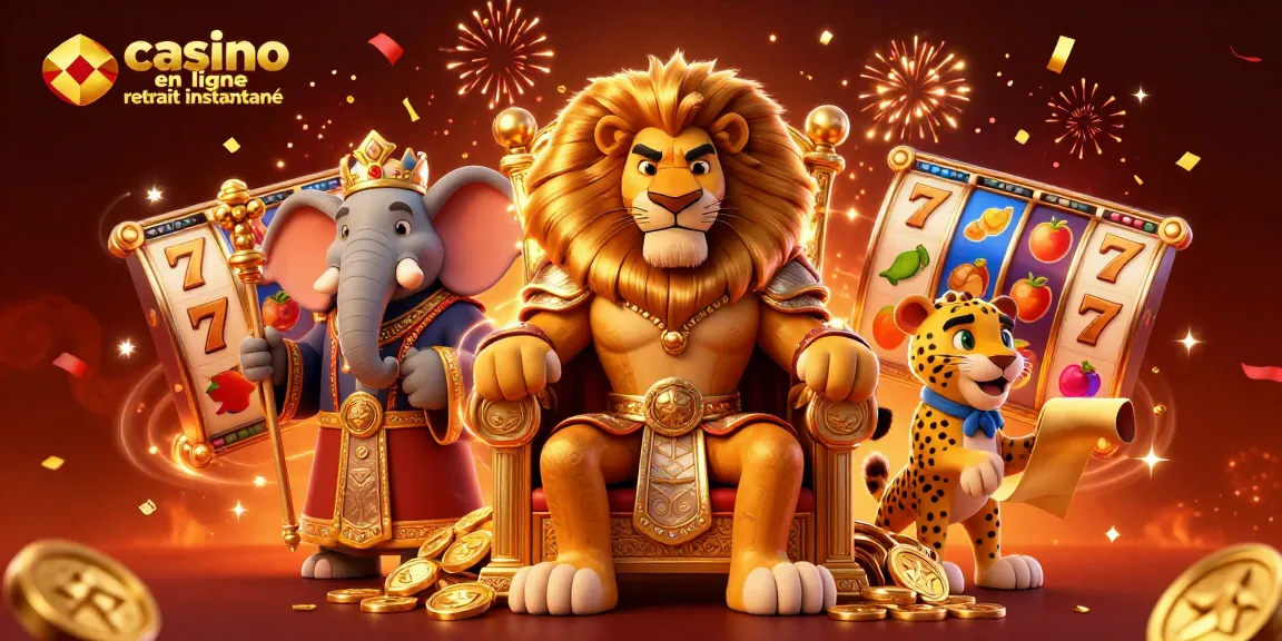 Jeux de casino en ligne retrait instantané, scène de roi lion, éléphant et guépard, avec des machines à sous.