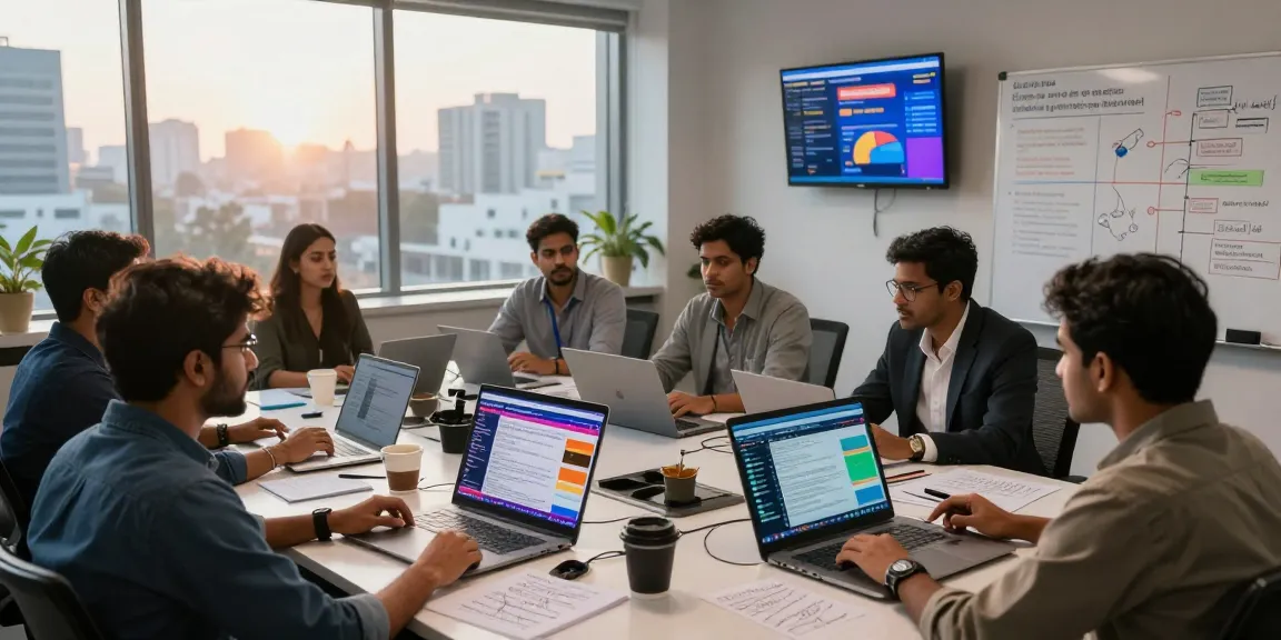 Diverse journalists collaborating in a modern news media office at https://www.theindaily.com, focusing on India's dynamic political developments.