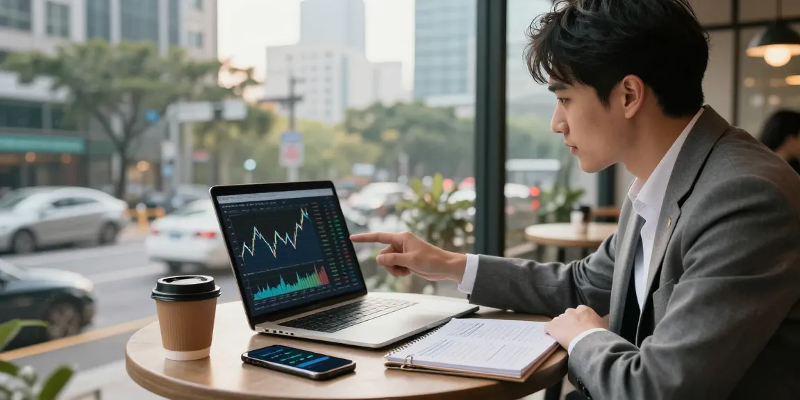 Young professional analyzing financial strategies focused on 소액결제현금화 in a modern urban café setting.