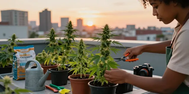 Buy weed online UK: Urban gardener nurturing cannabis plants in rooftop garden