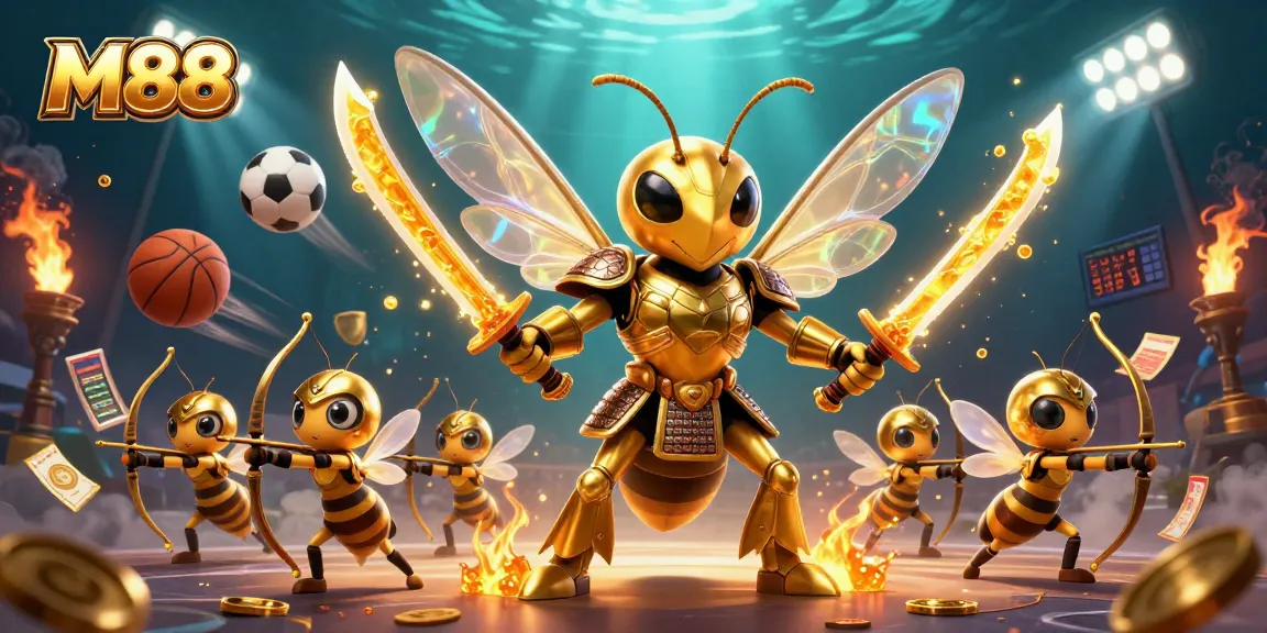 Engage in thrilling M88 sports betting with vibrant 3D casino characters amidst dynamic game elements.
