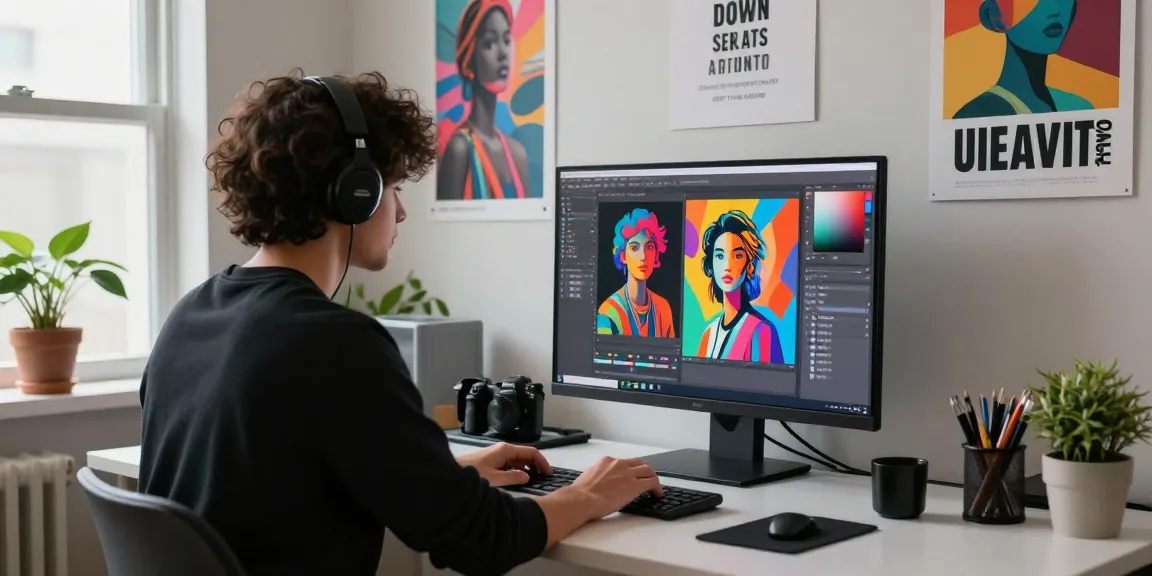 Image to prompt showcasing a digital artist at work in a colorful creative studio.