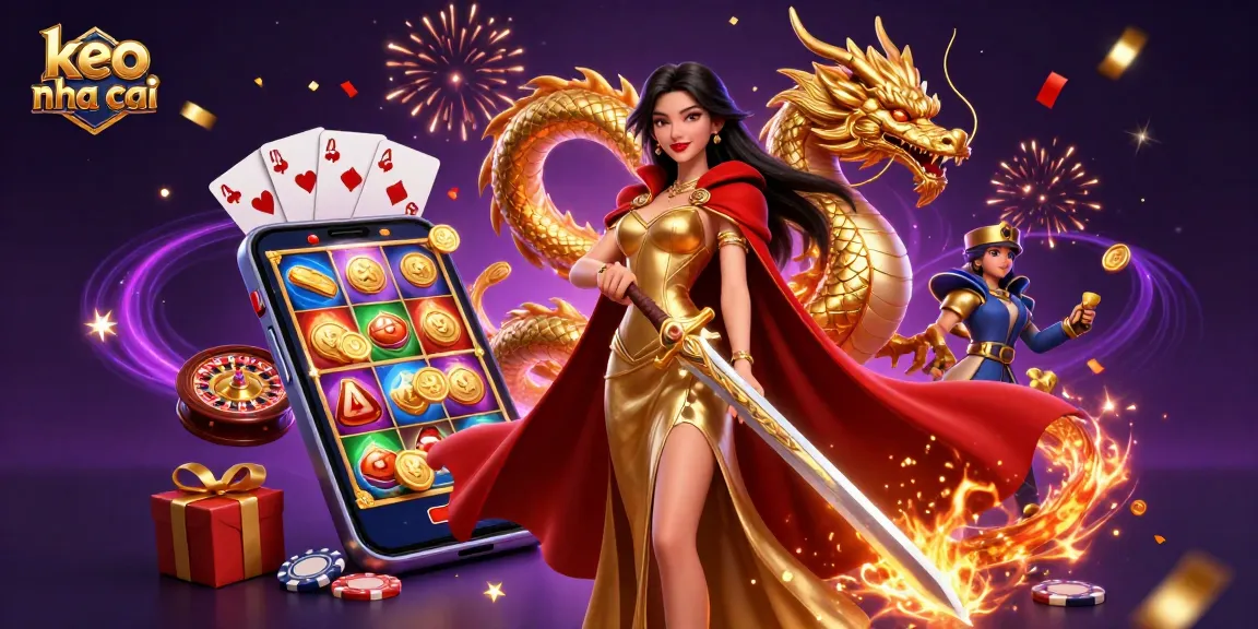 Engage in thrilling action with keo nha cai, showcasing a warrior queen amid dynamic casino elements.