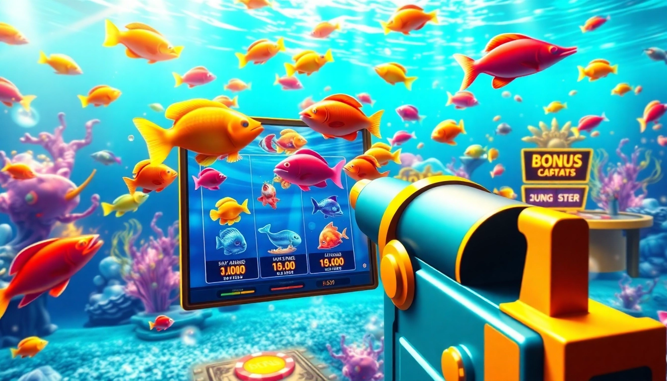Engaging scene of game bắn cá đổi thưởng with colorful marine life and a virtual cannon targeting fish.