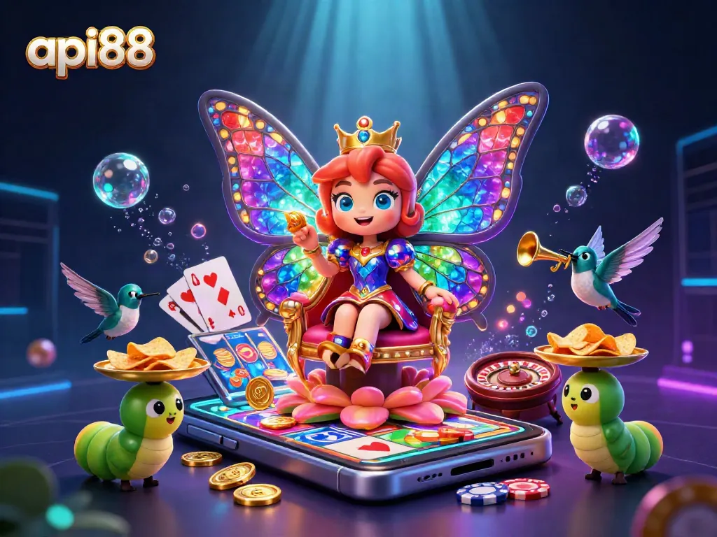 Experience api88 with vibrant gaming energy featuring a butterfly queen amid casino elements.