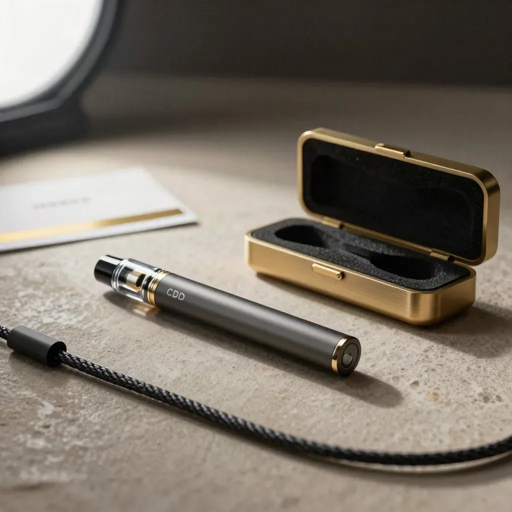 Starter kit vape bundle with pen, cartridge, cable, and open case on stone