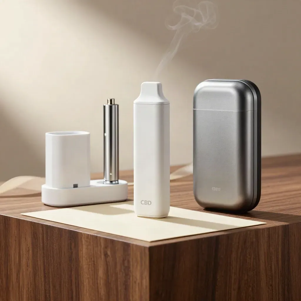 White CBD vape starter kit with pen, dock, cartridge, and case on walnut