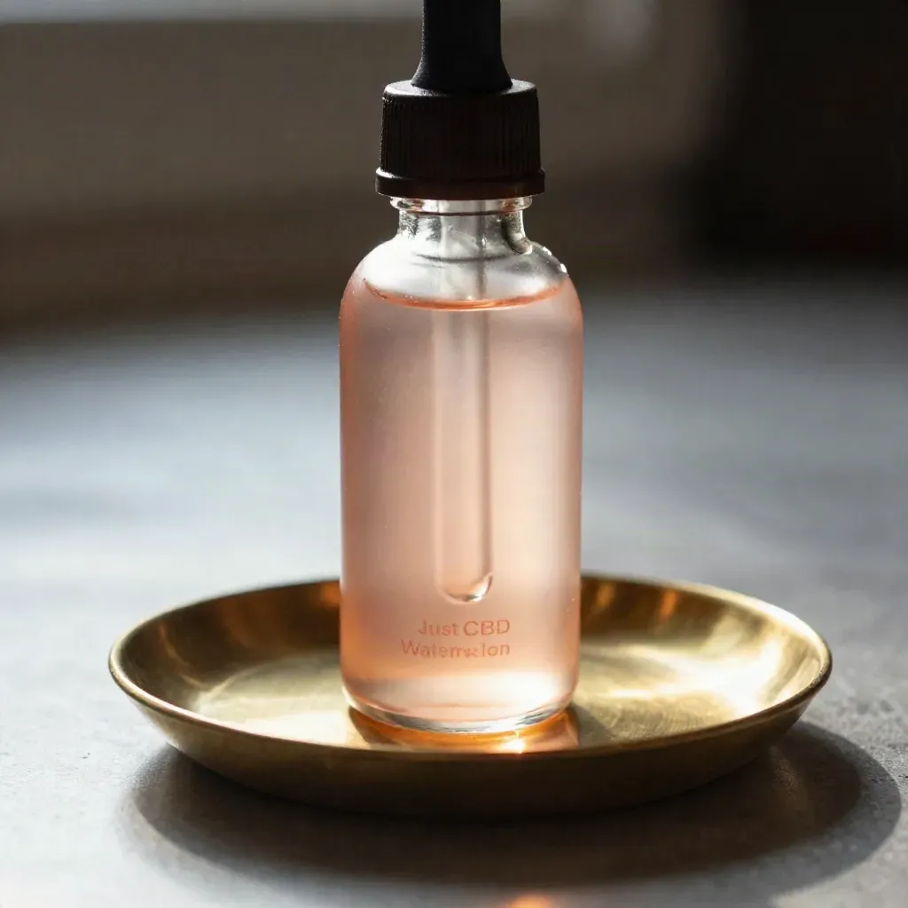 Macro of an unlabelled e-liquid bottle with droplet and brass dish, rim-lit in mist.