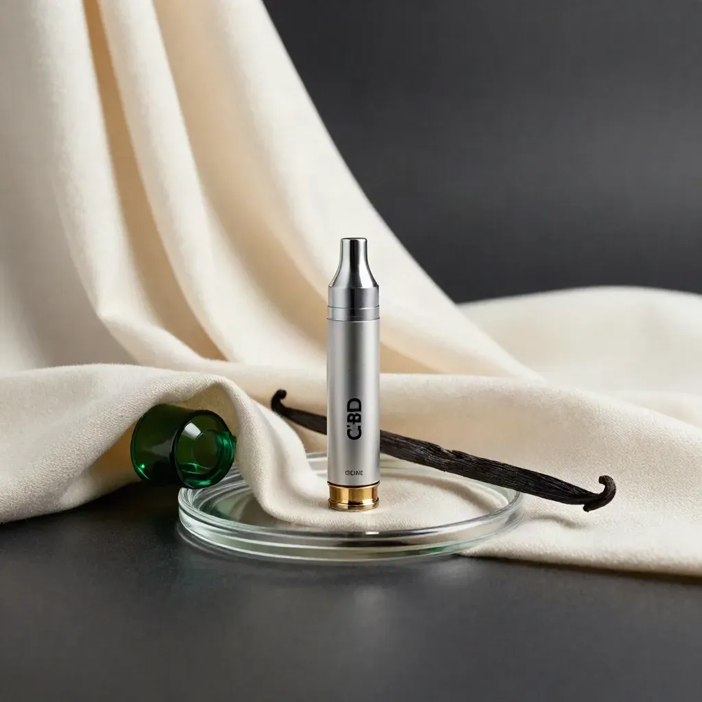 CBD vape cartridge in cream fabric with glass tray and vanilla pod