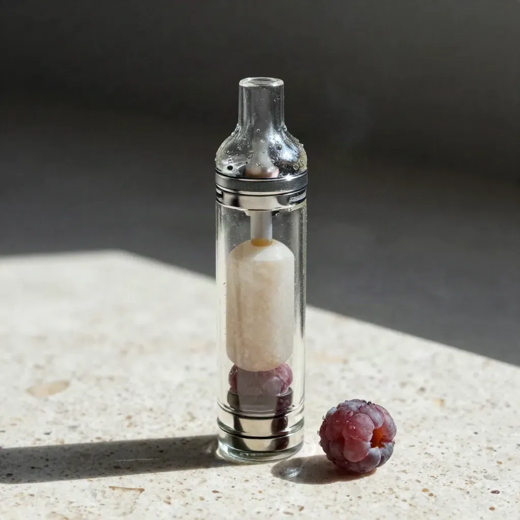 Smoked-glass CBD vape cartridge with stone chip and berry on travertine.