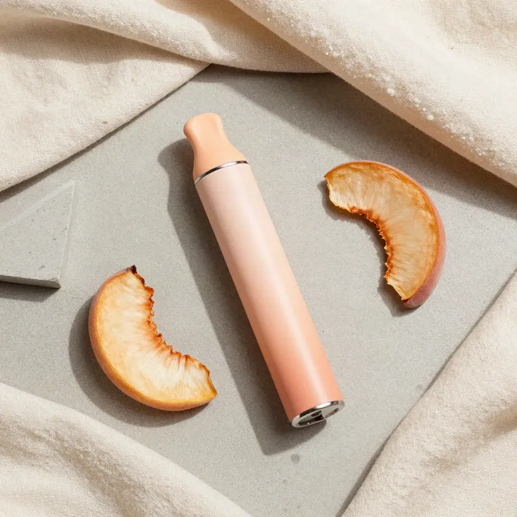 Overhead peach disposable vape with dried peach slice, linen fold, and stone on pale concrete.
