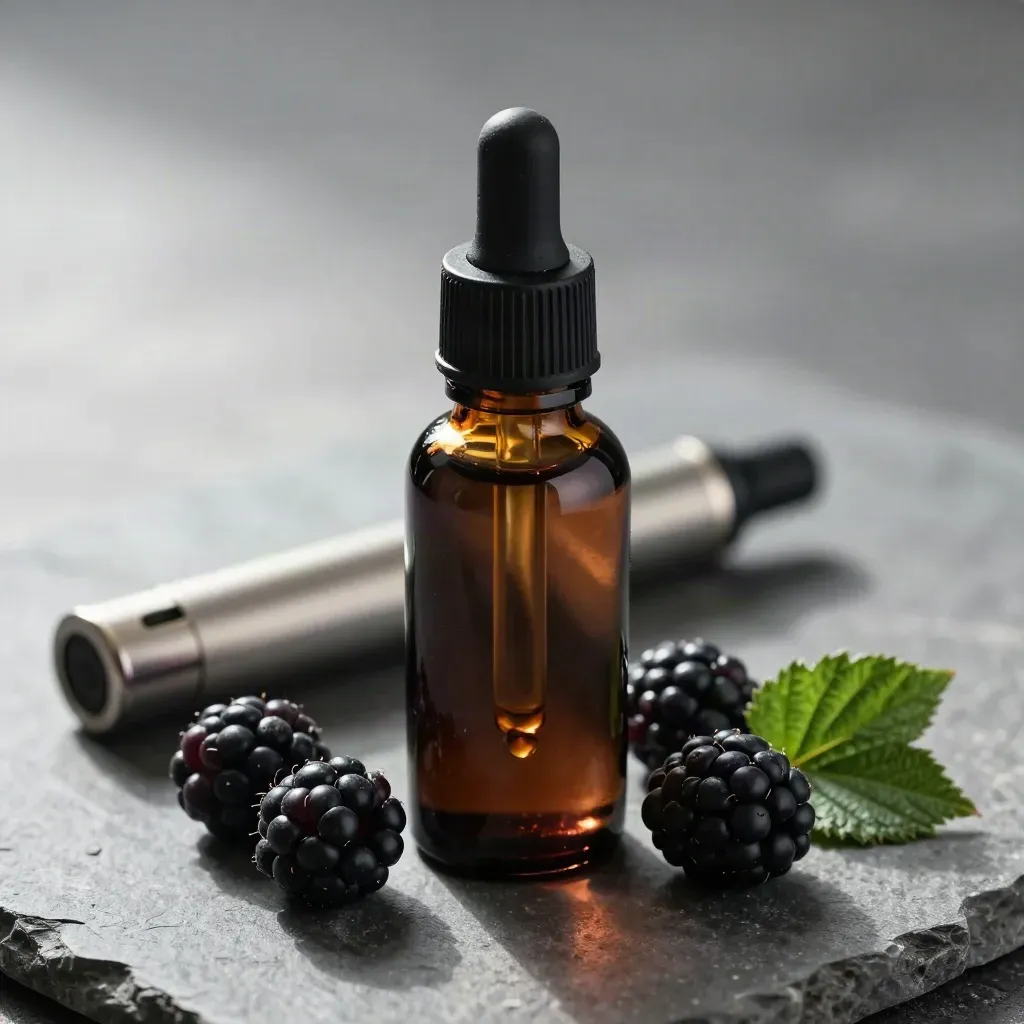 Dark glass CBD berry e-liquid bottle with dropper, berries, and soft vapor on stone