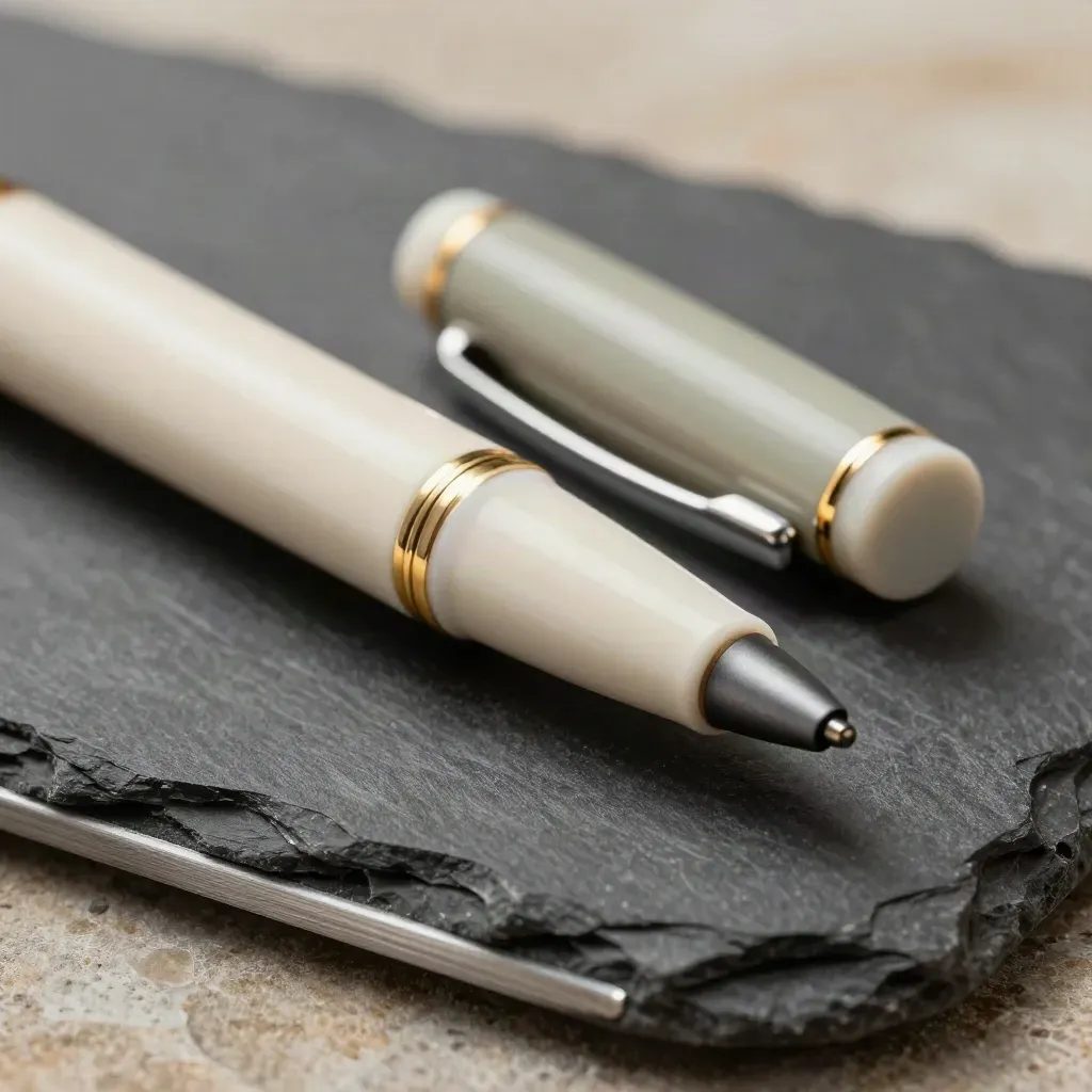 Ceramic vape pen, spare mouthpiece, and slate base lit in a premium macro close-up.