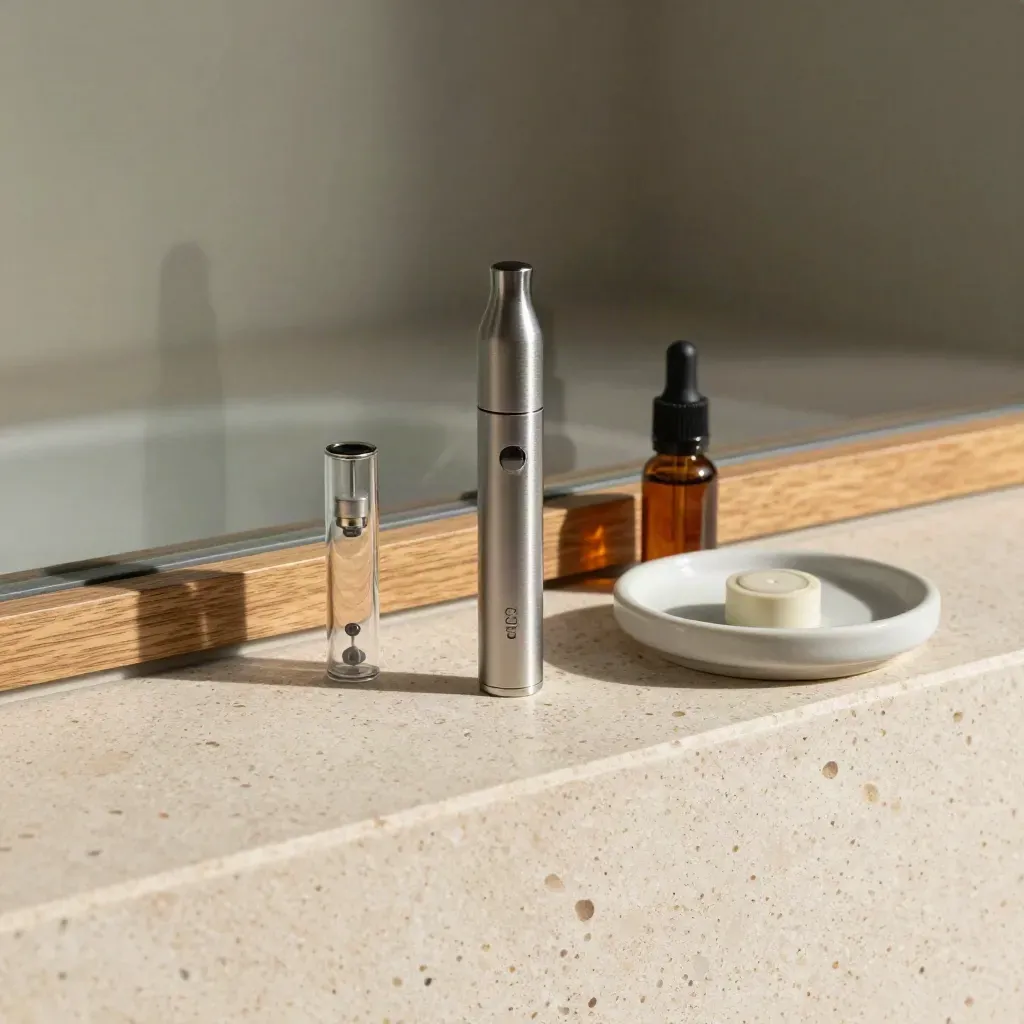 CBD vape cartridges and accessories on a travertine ledge in soft morning light