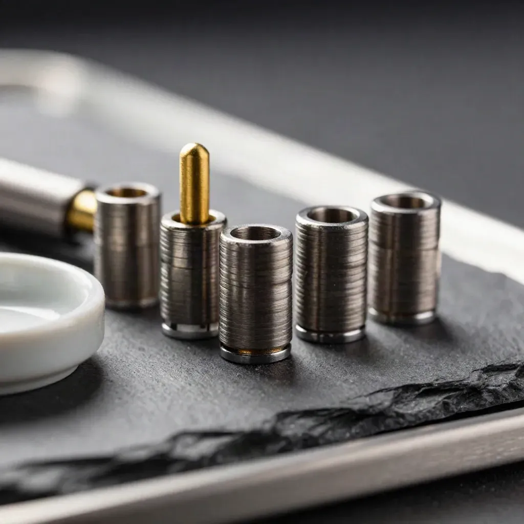 Five metal vape coils on graphite slate beside a tiny ceramic dish, lit with gold highlights.