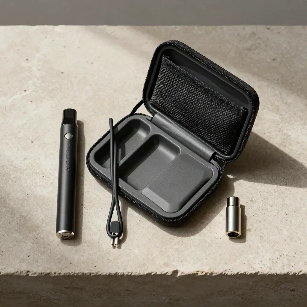 Overhead flatlay of an open CBD vape carry kit with pen, charger and pouch on concrete.