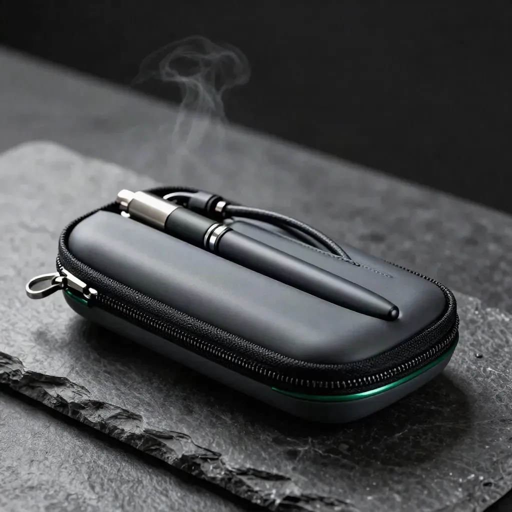 Half-open slim vape carry case with pen silhouette and cable on dark stone, lit dramatically.