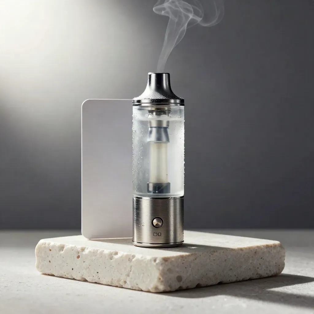Frosted CBD vape cartridge and brushed-metal battery on a pale stone pedestal with vapor rising.