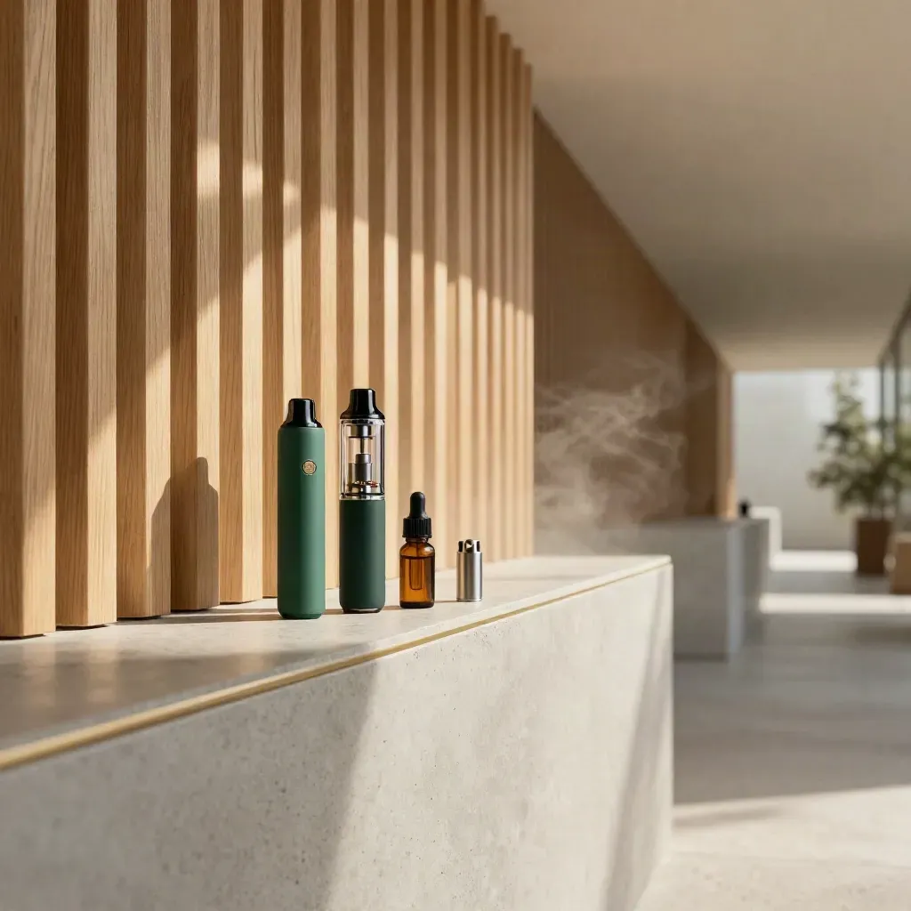 Sunlit oak-slat corridor with CBD vape pen products on a concrete counter