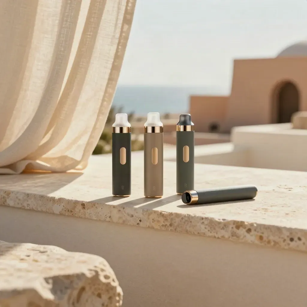Golden resort terrace with disposable vape devices on a stone ledge, linen curtain, and sea haze.