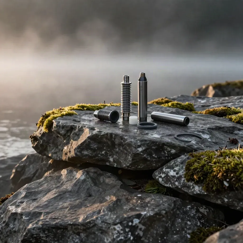 Misty river stones with vape coils and parts in the upper third, soft fog below