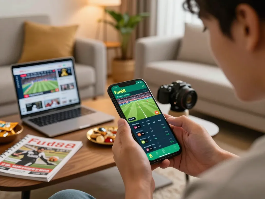 Engaging moment showcasing Fun88 betting app on smartphone amid sports betting excitement at home.
