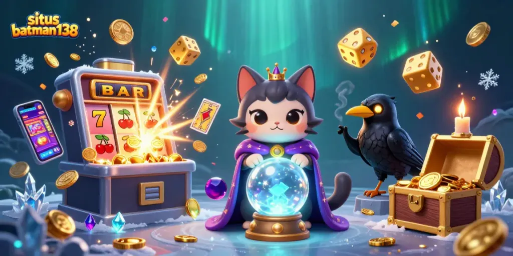 Situs batman138 menghadirkan ilustrasi 3D mendetail dengan kucing mistik dan simbol permainan slot yang menarik.