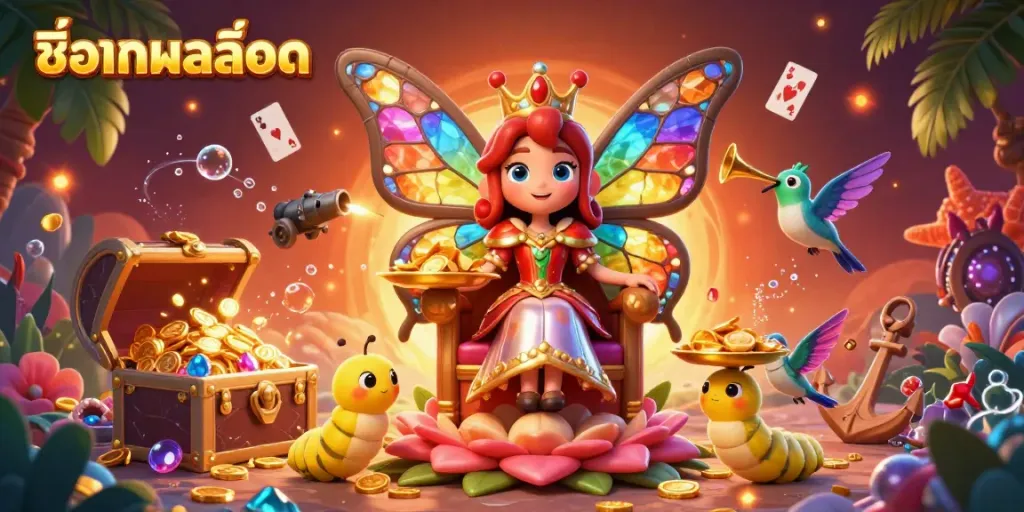 Experience the excitement of ชื่อเกมสล็อต with vibrant elements like gold coins and colorful gems in a 3D casino illustration.