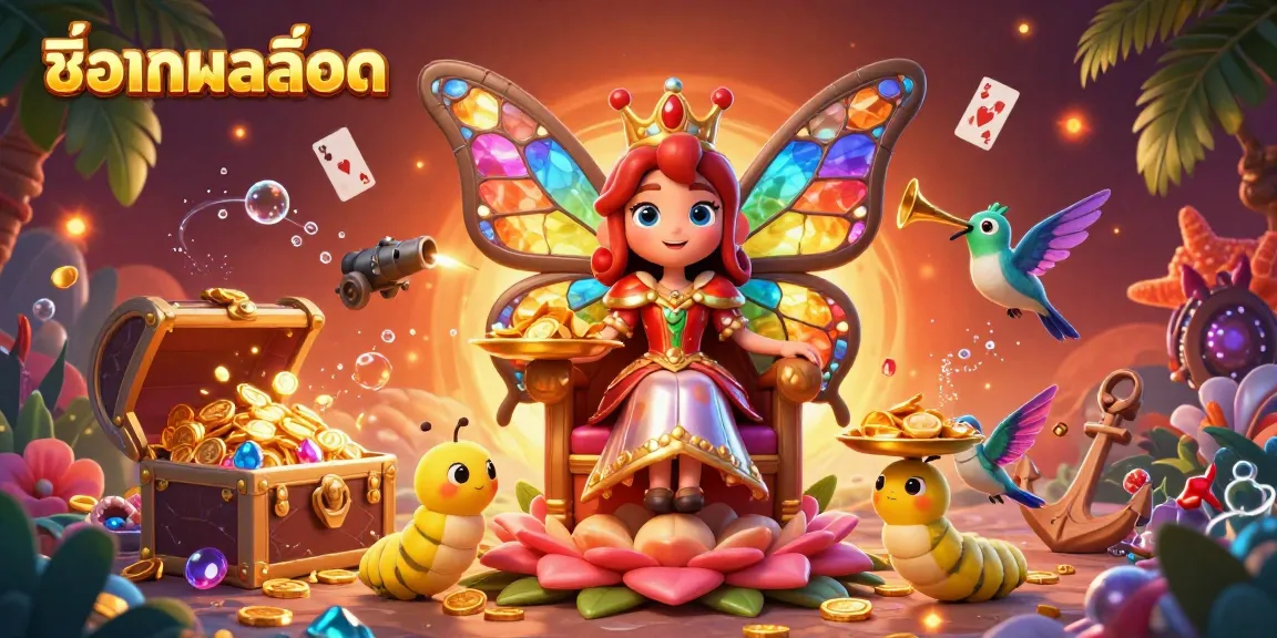 Experience the excitement of ชื่อเกมสล็อต with vibrant elements like gold coins and colorful gems in a 3D casino illustration.