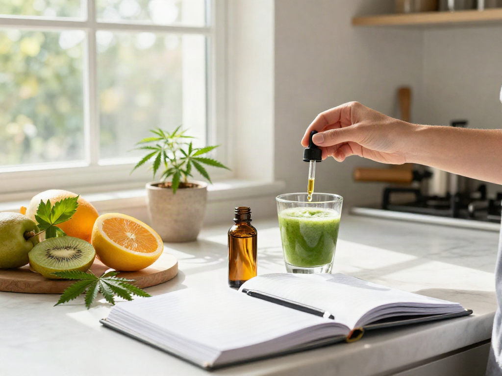 muha med CBD oil bottle in a bright kitchen, integrated with fresh ingredients and wellness items, showcasing natural and organic wellness